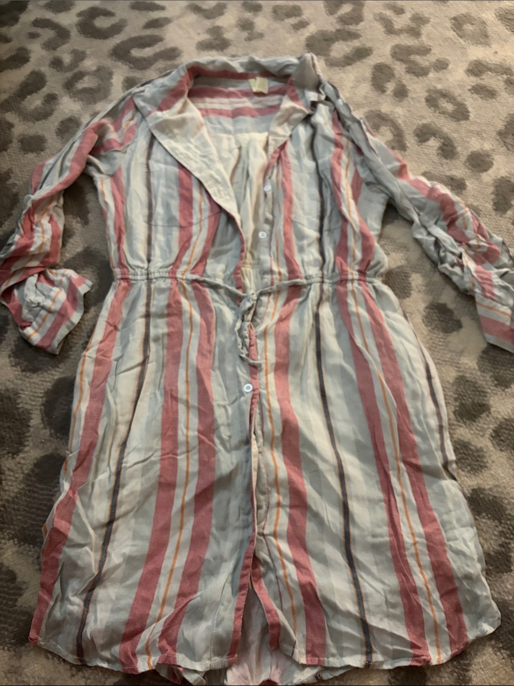 Japna Striped Long Sleeve Button-Front Dress in Pink, Cream, Blue